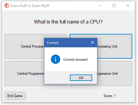 Dialog box titled "Correct" with a blue information icon and message "Correct Answer!" with an "OK" button.
