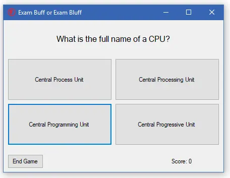 Quiz screen titled "Exam Buff or Exam Bluff" asking "What is the full name of a CPU?" with four multiple-choice answers and a score of 0.