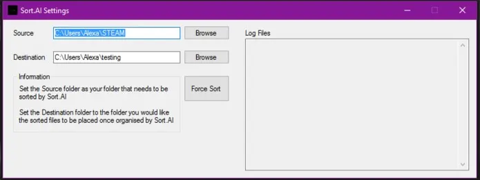 Screenshot of the Sort.AI application showing initial settings. The source folder is set to C:\Users\Alexa\STEAM, and the destination folder is C:\Users\Alexa\testing. The interface includes “Browse” buttons, a “Force Sort” button, an information box explaining how to set folders, and an empty log panel.