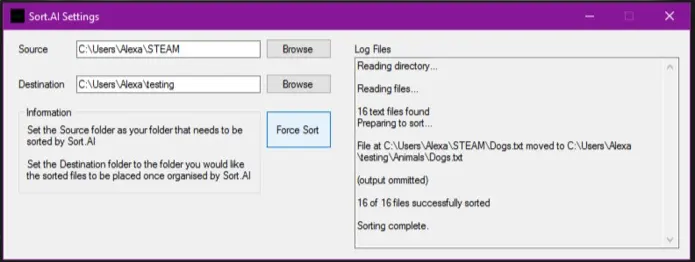 Sort.AI screenshot after sorting has completed. The log panel shows activity: 16 text files were found and sorted successfully. A specific example shows Dogs.txt moved from STEAM to the destination folder under Animals.