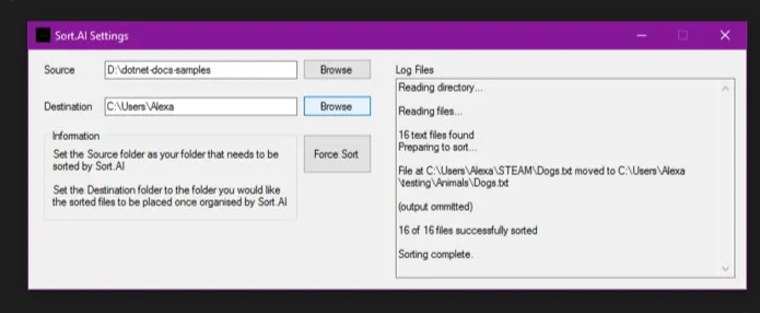 Another screenshot of Sort.AI with a different source directory (D:\dotnet-docs-samples) and same destination. The log panel still displays the outcome of sorting 16 files, including the movement of Dogs.txt.