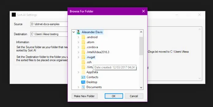 Dialog box for selecting a folder within Sort.AI. The interface displays user folders like .android, .atom, and .nuget under “Alexander Davis.” “OK” and “Cancel” buttons are visible at the bottom.