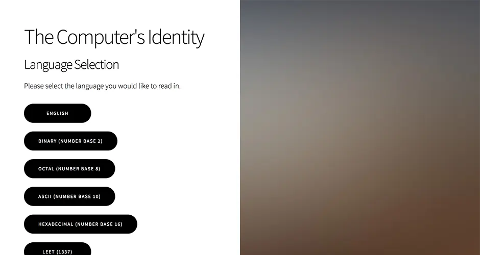 A cropped preview of “The Computer’s Identity” language selection webpage, showing a column of language buttons including English, Binary, Octal, ASCII, Hexadecimal, and Leet on a white background, with a blurred brown/grey gradient on the right.