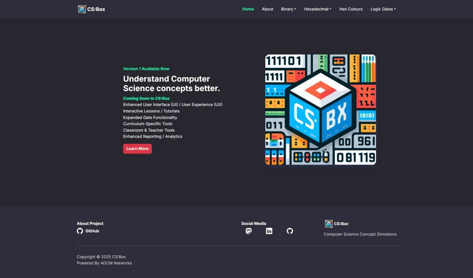 Homepage of CS:Box showing navigation menu and overview of interactive computing tools.