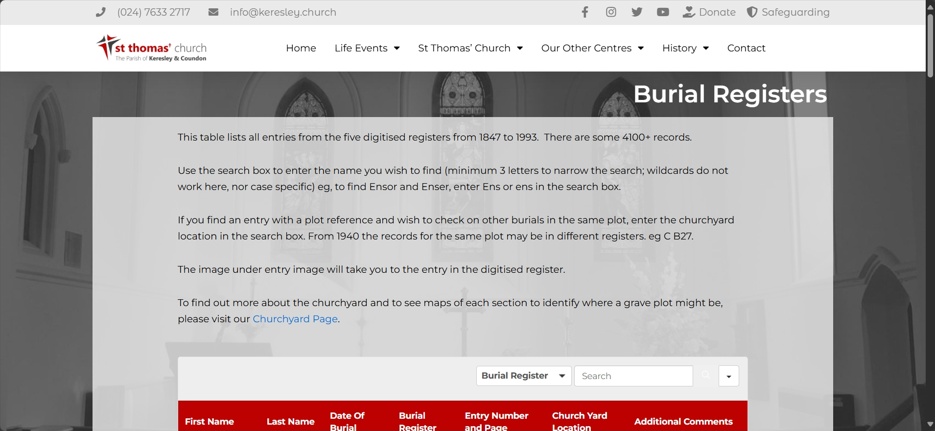 Screenshot of the Burial Registers search page on St Thomas’ Church website, with instructions on how to search burial records from 1847 to 1993.
