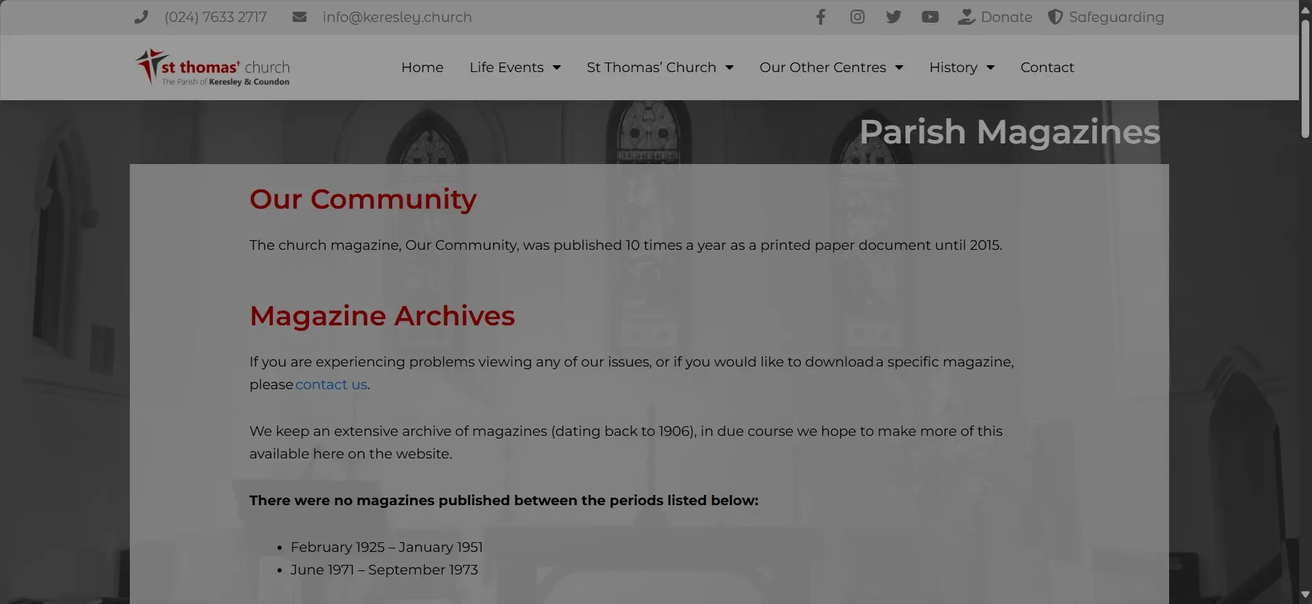 Parish Magazines archive page from St Thomas’ Church website, detailing the history of their printed church magazine, 'Our Community'.