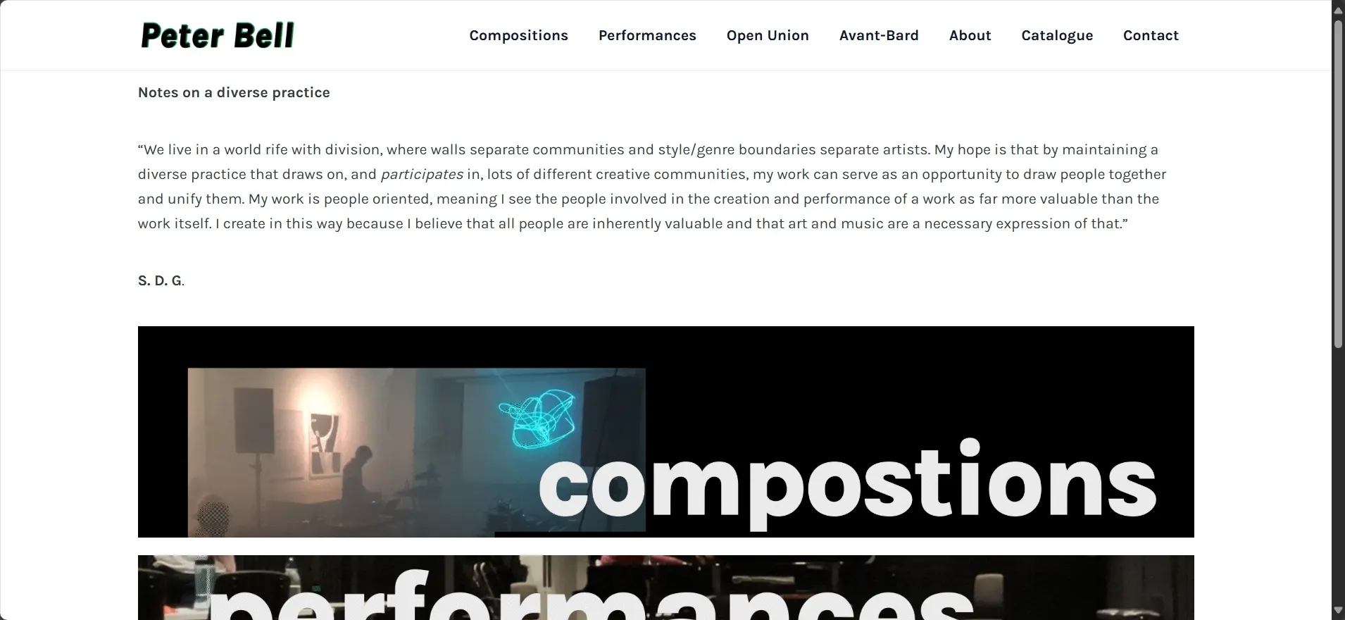 Screenshot of Peter Bell’s homepage displaying a quote about diversity in creative practice and a navigation menu including Compositions, Performances, Open Union, Avant-Bard, About, Catalogue, and Contact.